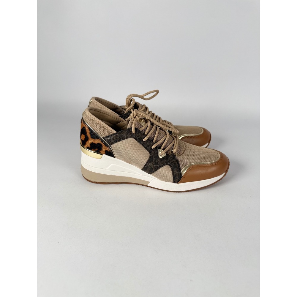 Michael Kors Georgie Wedge Sneakers Leopard Print Gold Tan HJ19F Womens 7.5M